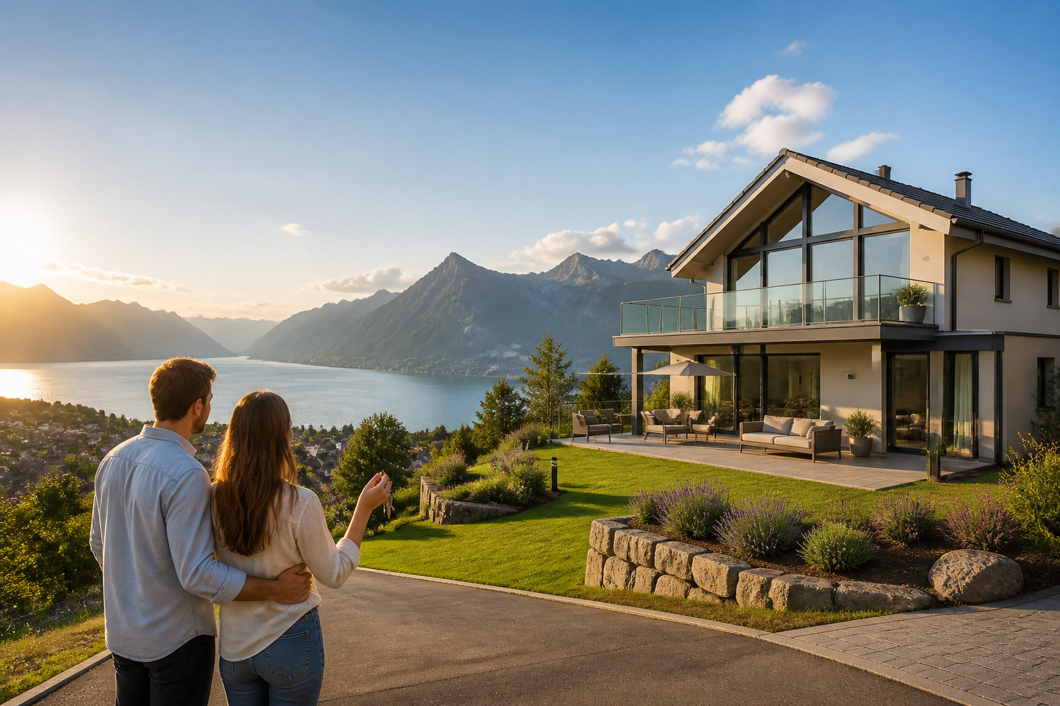 Nouvelle maison avec vue sur le lac et les montagnes