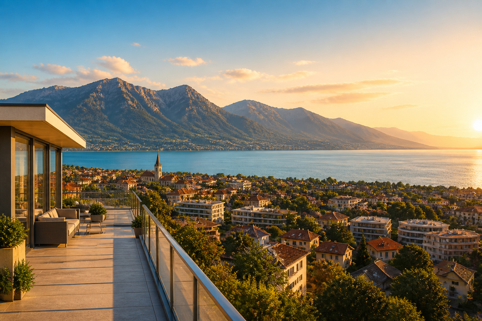 Vue de thonon les bains au coucher du soleil