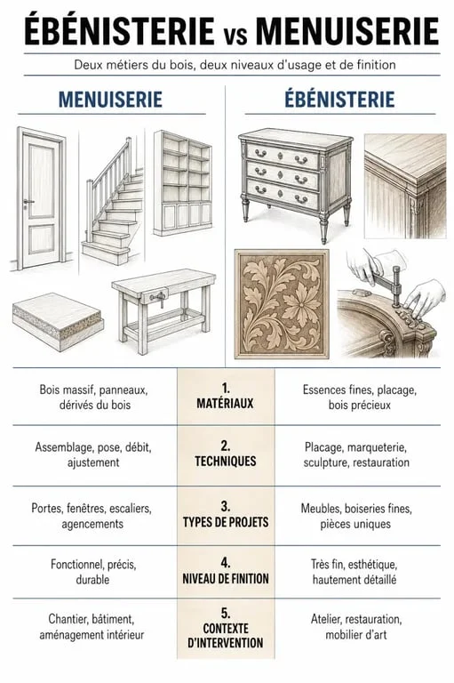 Différence entre ébénisterie et menuiserie : infographie comparative des matériaux, techniques, projets et finitions