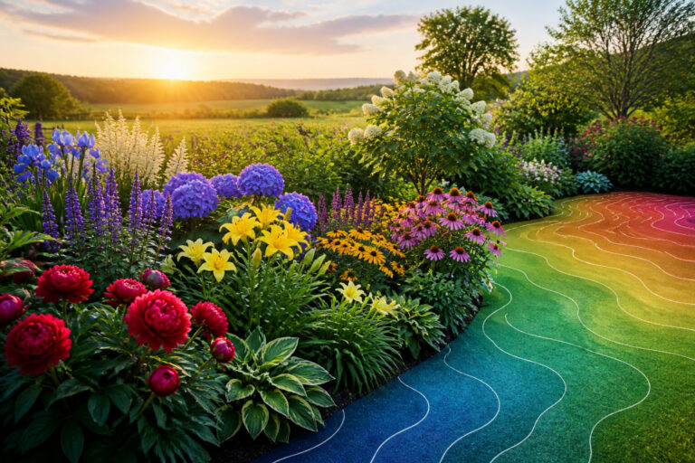 Jardin luxuriant au coucher du soleil avec zones de rusticite stylisees
