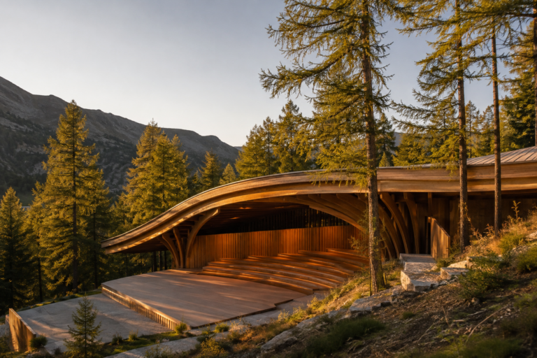 Auditorium en bois niche dans une foret