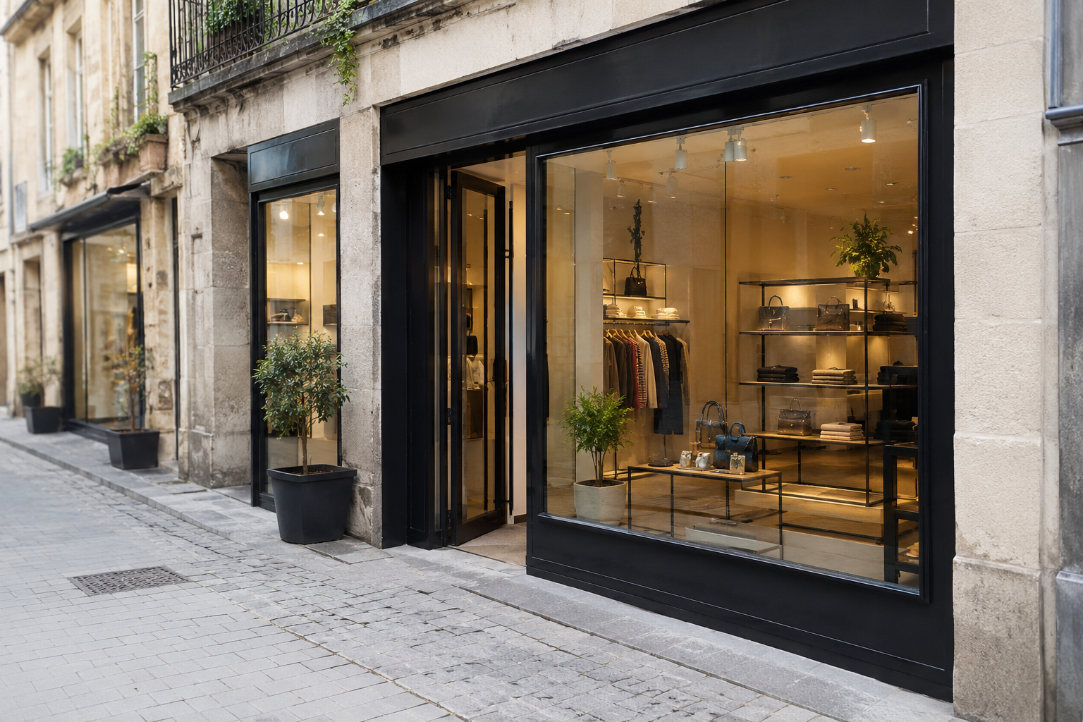 Vitrine de local commercial en rue pietonne