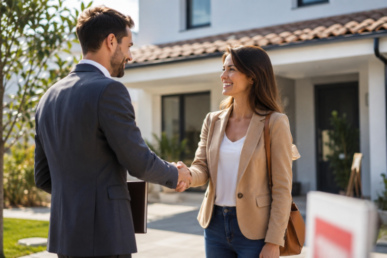 Agent immobilier et client devant une maison a vendre