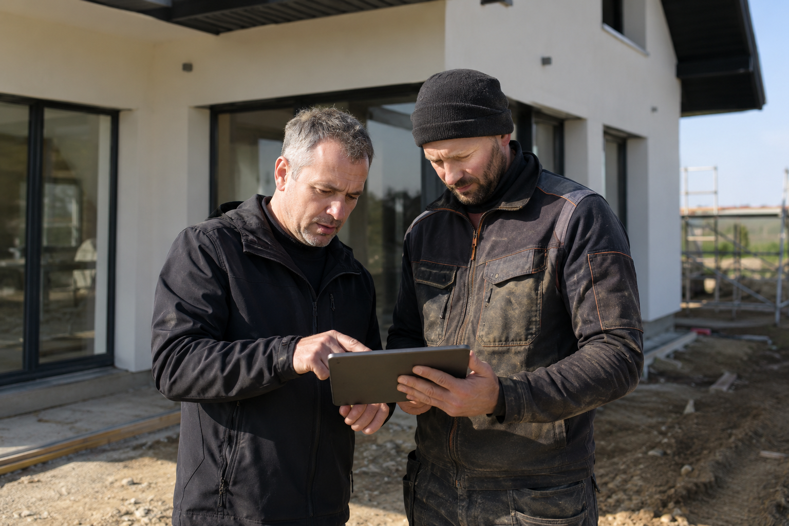 Artisan et proprietaire inspectant les finitions de chantier