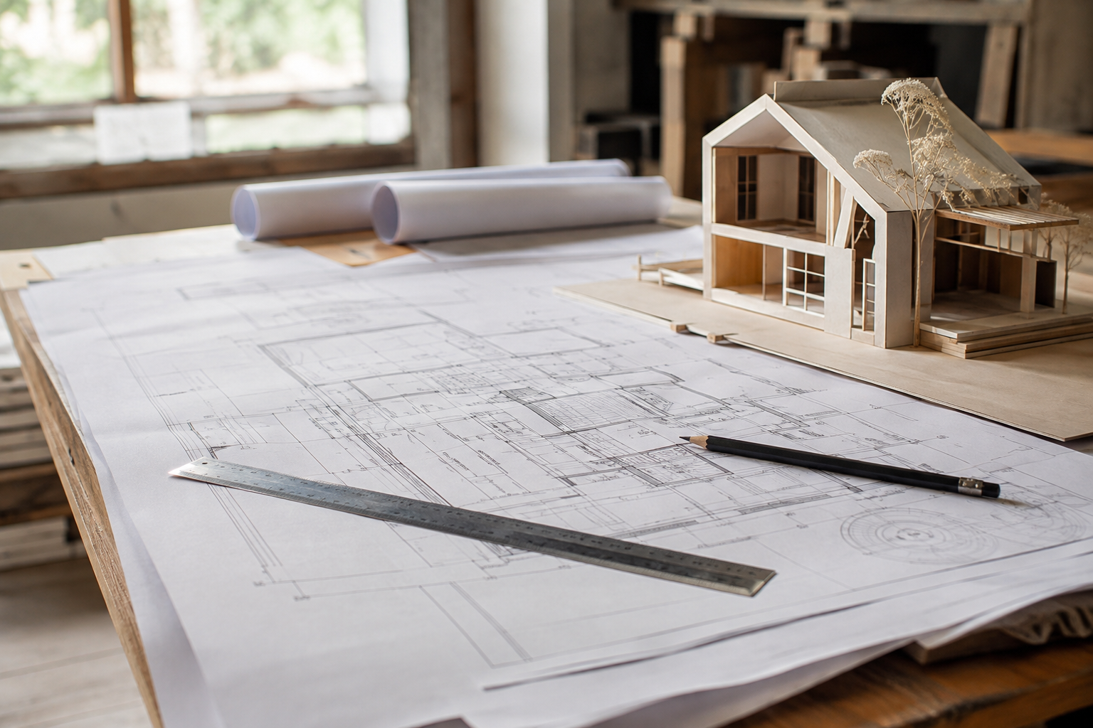 Plan d architecte deploye sur une table de chantier