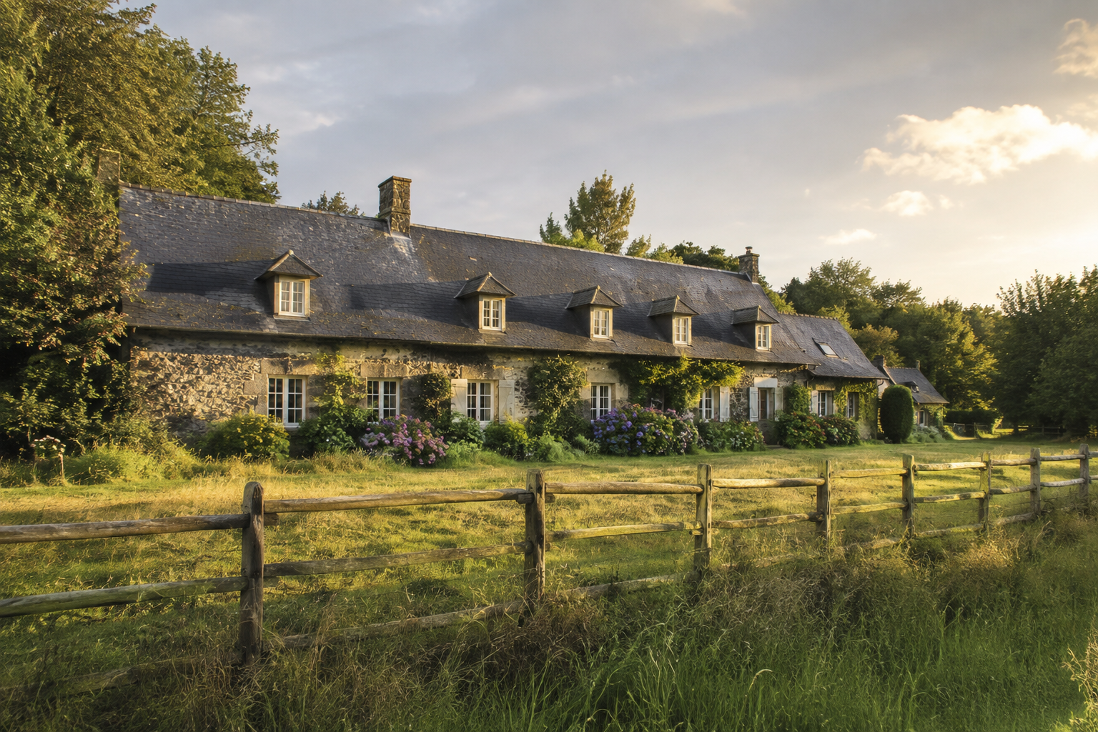 Longere en pierre entouree de verdure